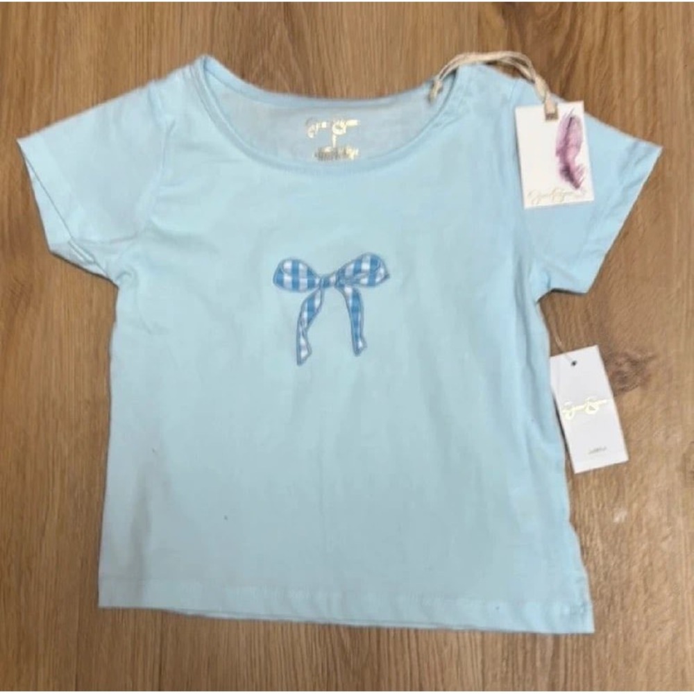 Jessica Simpson Girls Light Blue Gingham Bow Short Sleeve Tee Shirt Size S 7 NWT